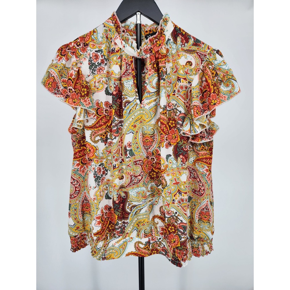 New York & Company XL Paisley High Neck Flutter Sleeve Smocked Hem Blouse Top